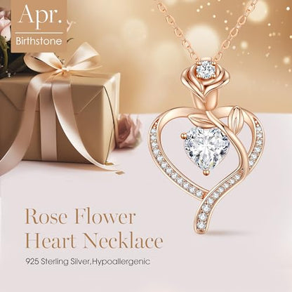 925 Sterling Silver Rose Love Heart Birthstone Necklaces for Women Jewelry | Hypoallergenic Nickel-Free & Lead-Free Pendant,Birthday Anniversary Christmas Gift for Women Wife Mom Girlfriend - color: Rose Gold-04-Apr