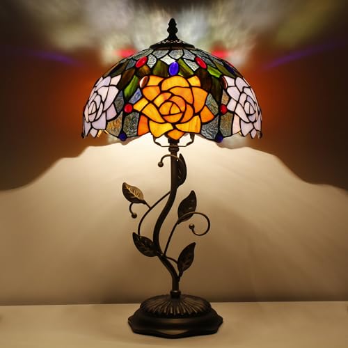 Tiffany Lamp Orange Red Rose Stained Glass Table Lamp - color: Orange Red Rose