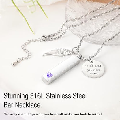 XIUDA Cremation Jewelry for Ashes with Angel Wing Charm Vertical Bar Urn Necklace Stainless Steel Memorial Keepsake Pendant for Women - color: Purple