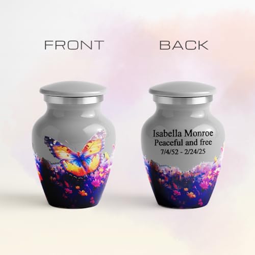 Gray Mini Urn for Ashes – Butterfly Design with Personalized Back Text – Small Handcrafted Cremation Keepsake – Includes Velvet Bag – Holds 0.3 oz – Made in USA - color: Personalize Gray, size: Small