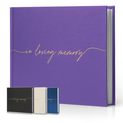Funeral Guest Book for Memorial Service, in Loving Memory 9x7.5 | 320 Entries, Table Sign Card Included, Gold Stamping, Twill-Textured Paper Cover, Celebration of Life Keepsake, Purple - color: Purple