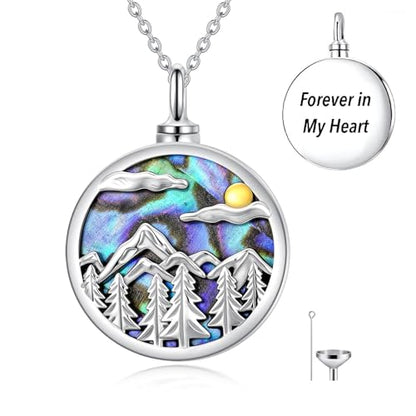 Urn Necklace for Women Sterling Silver Meaningful Memorial Jewelry | Paw Print/Butterfly/Dragonfly/Bird/Dolphin/Mountain/Tree of Life Urn Necklace for Ashes Cremation Keepsake Jewelry for Women - style: Abalone-Mountain range