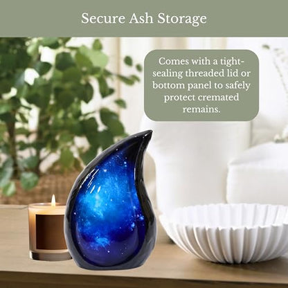 NORSE'S TRADECRAFT Teardrop Urn for Ashes Adult Male & Female, Metal Cremation Urn with Blue Galaxy Design, Memorial Gifts with Velvet Bag, Handcrafted Memorial Box for Funeral - 60 cu in