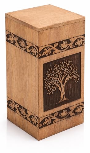 Hand Carved Wooden Urn Box for Human Ashes Adult Cremation Funeral Memorial | 5 x 10 Inch solid wood with secure sliding lid, fits average to large adult ashes, burial, columbarium niche & home display