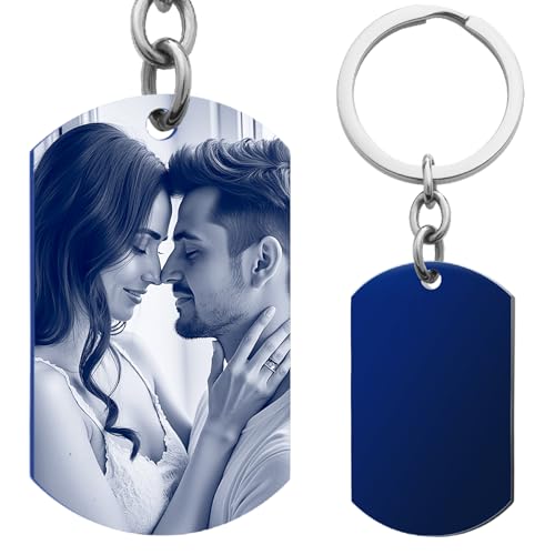 Photo Keychain Custom Picture Keychain Customized Gifts Laser-Engraved/Color Gifts For Boyfriend Hubsand Wife - color: Engraving (Black&white): 1 Side Photo (Blue)