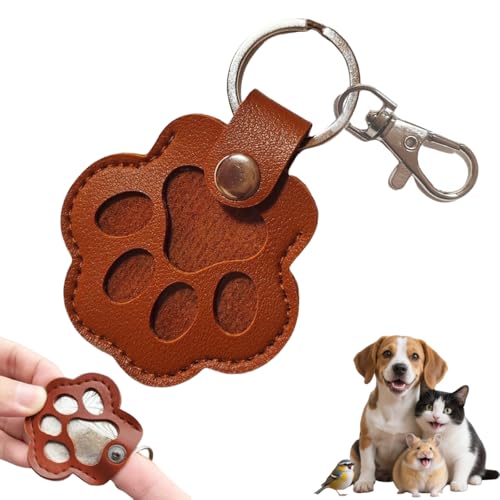 Cute Leather Pet Paw Memorial Keychain - Pet Hair Keepsake & Sympathy Gift for Cat/Dog Lovers - color: Brown
