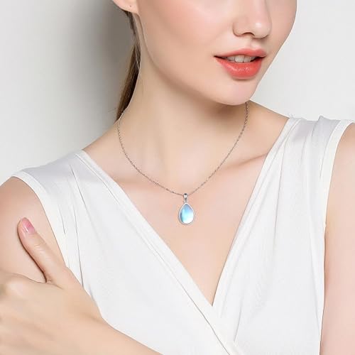 CRMAD Larimar/Opal/Lapis Lazuli/Tourmaline/Malachite/Labradorite/Turquoise/Onyx/Rose Quartz/Amber/Peridot Necklace for Women 925 Sterling Silver Teardrop Pendant Jewelry Gifts - color: Moonstone