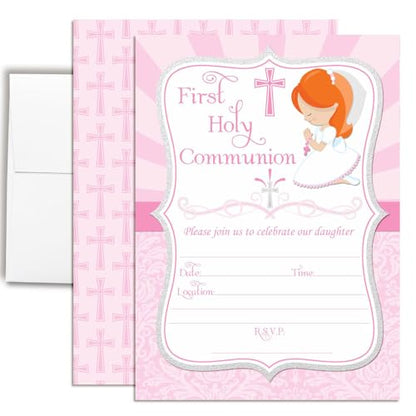 First Holy Communion Religious Party Invitations for Girls (Light Skin, Red Hair), 20 5x7 Fill In Cards with Twenty White Envelopes by AmandaCreation - style: Light Skin, Red Hair Girl