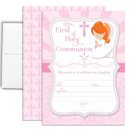 First Holy Communion Religious Party Invitations for Girls (Light Skin, Red Hair), 20 5x7 Fill In Cards with Twenty White Envelopes by AmandaCreation - style: Light Skin, Red Hair Girl