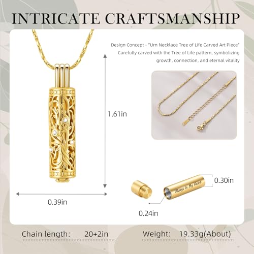 Cylinder Urn Necklace Crystal Tree of Life Cremation Jewelry Pendant for Women Men Vial Cremation Ash Pendant Loved One Memorial Jewelry with Mini Keepsake Urn Ash - Always In My Heart - color: All Gold-Always In My Heart