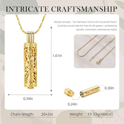Cylinder Urn Necklace Crystal Tree of Life Cremation Jewelry Pendant for Women Men Vial Cremation Ash Pendant Loved One Memorial Jewelry with Mini Keepsake Urn Ash - Always In My Heart - color: All Gold-Always In My Heart