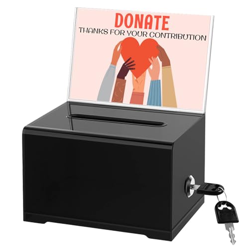 Clear Donation Box with Lock & Sign Holder, Versatile for Fundraising, Ballot Voting, Suggestions, and Tips Jar, Secure Storage Design, Size 6.2x4.6x4.0 Inch, Clear 2 Pack - size: Black 1p