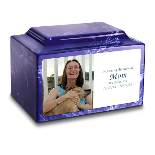 GetUrns – Legacy Cultured Marble Urn by Mackenzie, Adult Size Cremation Urns, Custom UV Printed Burial Urn for Ashes, 210 Cubic Inch Cemetery Urns for Ashes, Photo, Cobalt - color: Cobalt