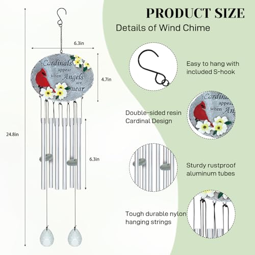 24'' Cardinal Wind Chimes for Outside, Cardinal Wind Chime for Loss of Loved One, Red Bird WindChimes for Garden Patio Balcony, Outdoor Memorial Windchime Sympathy Gifts for Women, Men