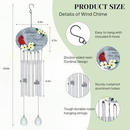 24'' Cardinal Wind Chimes for Outside, Cardinal Wind Chime for Loss of Loved One, Red Bird WindChimes for Garden Patio Balcony, Outdoor Memorial Windchime Sympathy Gifts for Women, Men