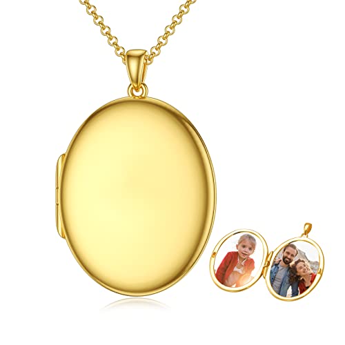 SOULMEET 10K 14K 18K Solid White Gold/Silver Minimalist Style/Infinity Sunflower Heart/Oval Locket Necklace That Holds 1 or 2 Pictures Personalized Photo Locket Necklace Letters Engraving - style: E1-Gold oval locket+photo+text