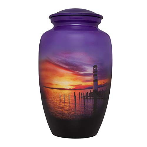 Lighthouse Cremation Urn - Sunset Funeral Urn for Human Ashes - Hand Made in Aluminum - Suitable for Cemetery Burial or Niche - Large Size for Adults up to 200 lbs - color: Lighthouse