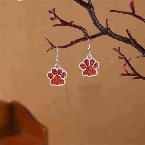 Dreuyet Paw Necklace and Earrings Set for Women Glitter Cute Dog Cat Pet Paw Print Pendant Necklace Earrings Lovely Animal Charm Jewelry Set Gifts - color: Silver Red