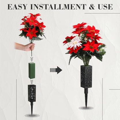 Suncalla 2 Set 26 inch Christmas Cemetery Flowers for Grave 18 Stems Artificial Red Faux Velvet Poinsettias Bouquets for Christmas Home Decorations, Holiday Bush, Indoor Floral, Cemetery Flowers - style: Poinsettia