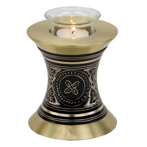 Black Elegance Tealight Cremation Urn for Ashes, Brass Memorial Candle Urn, Extra Small Sized Cremation Urn, 5.5 Inches High - color: Black
