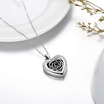SOULMEET Personalized Silver Locket Necklace That Holds Pictures Photo Keep Someone Near to You, Memorial Custom Lockets Necklaces Letters Engraving for His Her - color: B-Rose-Black, style: Locket Necklace Only