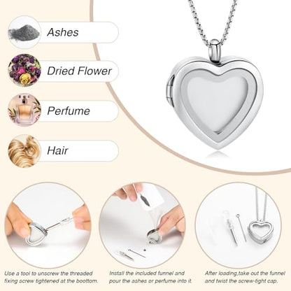 zeqingjw Glass Cremation Jewelry - Round Heart Memorial Urn Necklace for Ashes of Loved One - Stainless Steel Human Pet Dog Cat Keepsake Urn Pendant - color: A-Silver