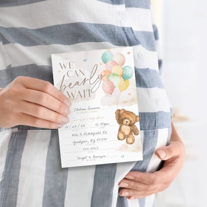We Can Bearly Wait Baby Shower Invitations / 25 Barely Wait Teddy Bear Gender Neutral Baby Shower Invites With White Envelopes / 5" x 7" Flat Fill In Gender Reveal Boy Or Girl Invitation Cards / Made In The USA - color: Bear and Balloons
