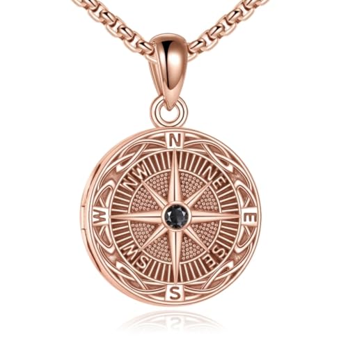 ONEFINITY Locket Necklace That Holds Picture Locket Memorial Pendant Jewelry Keepsake Gift for Men Women - color: rose gold-Compass