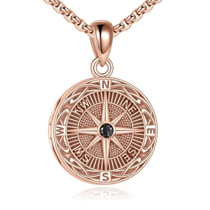 ONEFINITY Locket Necklace That Holds Picture Locket Memorial Pendant Jewelry Keepsake Gift for Men Women - color: rose gold-Compass