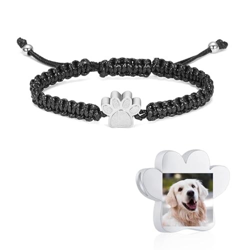 constantlife Cremation Bracelet for Ashes Stainless Steel Paw Print Urn Jewelry Braided Rope Adjustable Bangle Keepsake Pet Dog Cat Ash Holder Memorial Gift for Women Men - color: Customize Photo