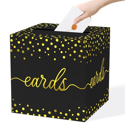 QISOLIY Black Card Box for Party with Gold Foil Dots, 8.7" Gift Card Holder and Money Box for Wedding, Baby Shower, Birthday, Graduation, Retirement, Anniversary Decorations - color: Black Dots Gold