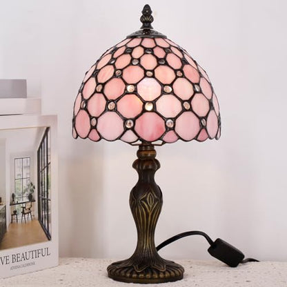 Small Tiffany Stained Glass Table Lamp,Pink | Mini Desk Accent Light, Bedroom Bedside Reading, Antique Style Decor, 8X15 Inches - color: Pink