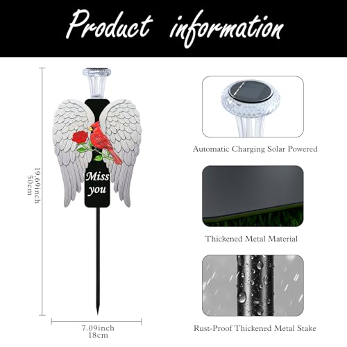 20-Inch Solar Angel Wings Memorial Stake with Red Cardinal - Metal Cemetery Decorations for Grave, Father's Day Sympathy Gift for Loss of Father Dad Mom(Angel Wings) - style: Angel Wings