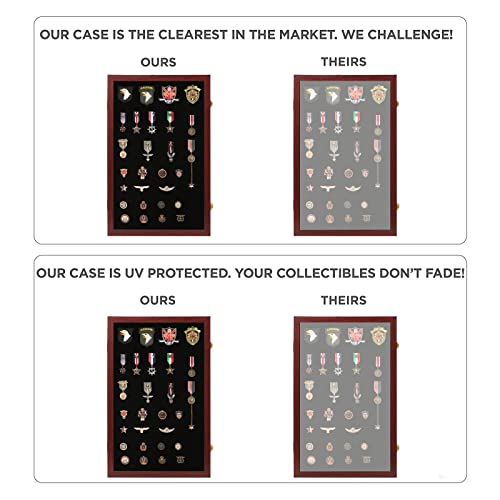 VERANI Pin Display Case Badge Display Frame Oversized Mahogany | Flexible layout arrangement,Premium real clear glass door,Solid wood matte black frame,Wall mountable design - size: 16x25 - Mahogany