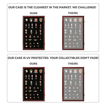VERANI Pin Display Case Badge Display Frame Oversized Mahogany | Flexible layout arrangement,Premium real clear glass door,Solid wood matte black frame,Wall mountable design - size: 16x25 - Mahogany