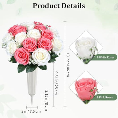Lewondr Artificial Cemetery Flowers with Vase for Grave, Pink Roses, 2 Pack - color: White+pink