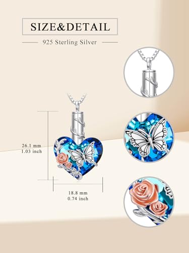 WINNICACA Silver Cremation Urn Necklaces for Ashes of Loved Ones - style: Rose Butterfly Crystal Necklace