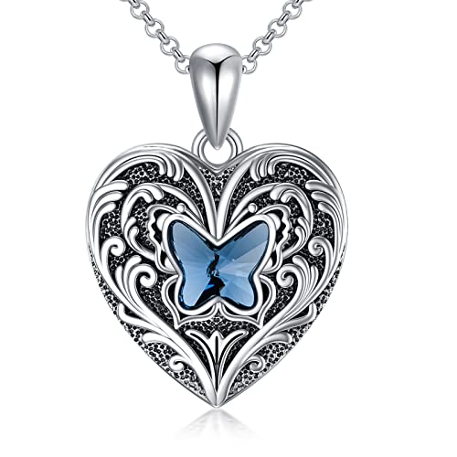 SOULMEET Personalized Butterfly Locket Necklace That Holds Up to 2 Pictures, Memorial Insects Silver Butterfly Photo Locket Custom Any Photo Healing Gift - color: G-Crystal Blue, style: Locket Necklace Only