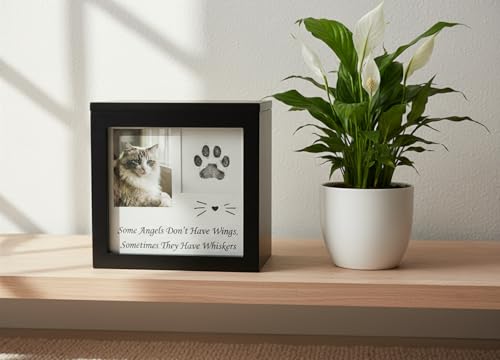 OtterPets Cat Urn for Ashes with Paw Print Kit, 4 Customizable Displays | 6.5 x 6.5 x 4 in pet cremation box with flannel bag; memorial keepsake for cat ashes