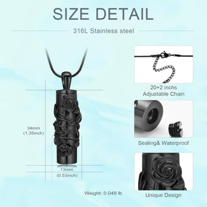 Cylinder Urn Necklace for Ashes Roseflower Cremation Jewelry Urn Ashes Necklace for Women Men Memorial Keepsake Necklace of Loved One - color: Black