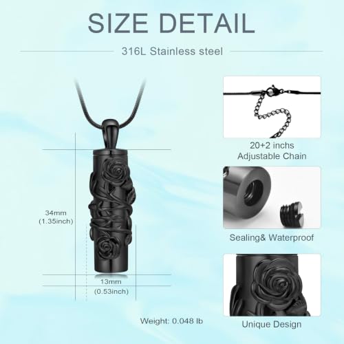Cylinder Urn Necklace for Ashes Roseflower Cremation Jewelry Urn Ashes Necklace for Women Men Memorial Keepsake Necklace of Loved One - color: Black