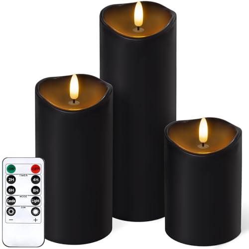 Outdoor Flameless Candles with Remote Timer - Waterproof Realistic Flickering LED Pillar Electric Battery Operated Fake Candle for Home Halloween Christmas Party Decor - 3 Pack Black (D3”H4”6”8”) - color: Black, size: D3"H 4"6"8"