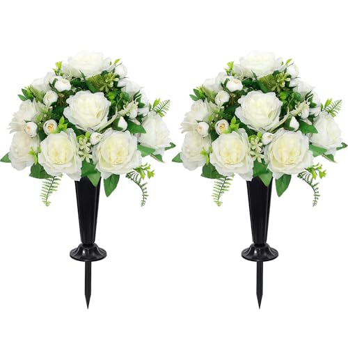 Wocst 2Sets Grave Decorations for Cemetery Memorial Flowers with Vases for Grave Decor Weatherproof,NO-Fading - color: White