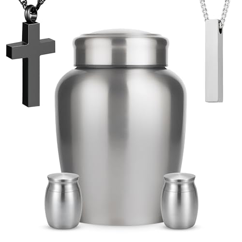 Stainless Steel Silver Urn for Ashes Adult Male & Female, Cremation urns for Human Ashes Man & Women, Set of 5 Includes 1 Large Urn, 2 Keepsakes & 1 Silver & Black Cross Necklace - color: Stainless Steel Urn - Companion Set