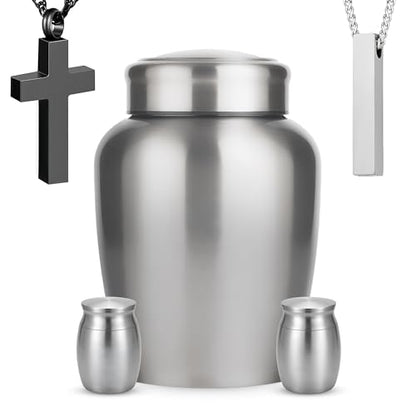 Stainless Steel Silver Urn for Ashes Adult Male & Female, Cremation urns for Human Ashes Man & Women, Set of 5 Includes 1 Large Urn, 2 Keepsakes & 1 Silver & Black Cross Necklace - color: Stainless Steel Urn - Companion Set