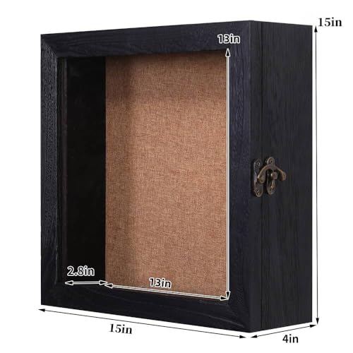 15x15 Extra Deep Large Shadow Box, 4-Inch Exterior Depth, Solid Wood, Black | Solid wood, hinged door, metal latch, extra-deep display for photos, bouquets, pet keepsakes, baby items and wedding mementos - size: 15x15