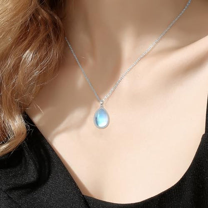CRMAD Larimar/Opal/Lapis Lazuli/Tourmaline/Malachite/Labradorite/Turquoise/Onyx/Rose Quartz/Amber/Peridot Necklace for Women 925 Sterling Silver Teardrop Pendant Jewelry Gifts - color: Moonstone-zircon