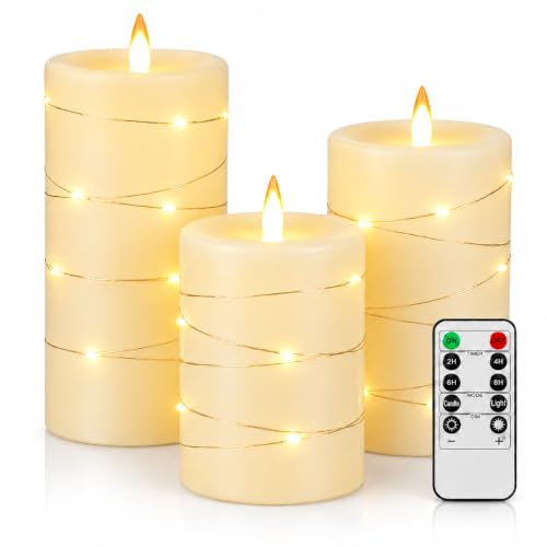Upinmz Flickering Flameless Candles with Embedded String Lights, Battery Operated Candles with Remote Control and Timer,LED Candles for Home Decoration,Real Wax,3 Pack Ivory - size: Ivory-Wax-3 Pack