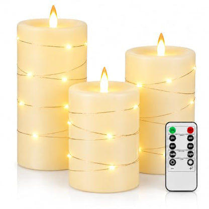 Upinmz Flickering Flameless Candles with Embedded String Lights, Battery Operated Candles with Remote Control and Timer,LED Candles for Home Decoration,Real Wax,3 Pack Ivory - size: Ivory-Wax-3 Pack