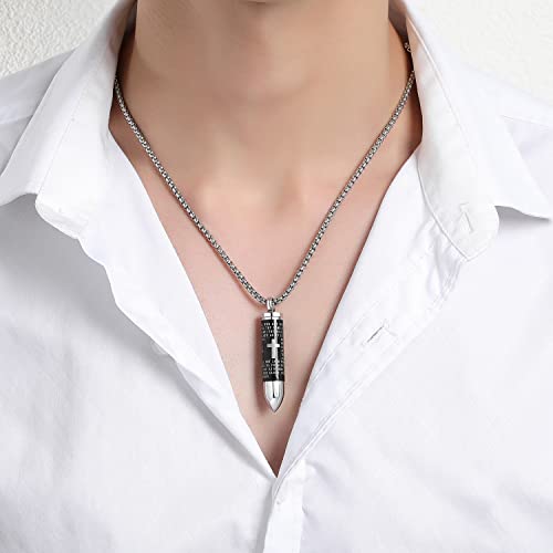 Mens Urn Necklace For Ashes Bullet Shape Cross Cremation Urn Jewelry - color: Silver-Black
